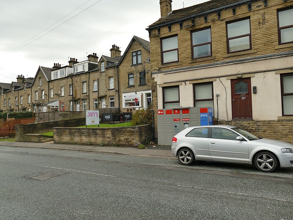Evri parcel lockers on a residential street in Holmfield, West Yorkshire — out-of-home delivery in the neighbourhood